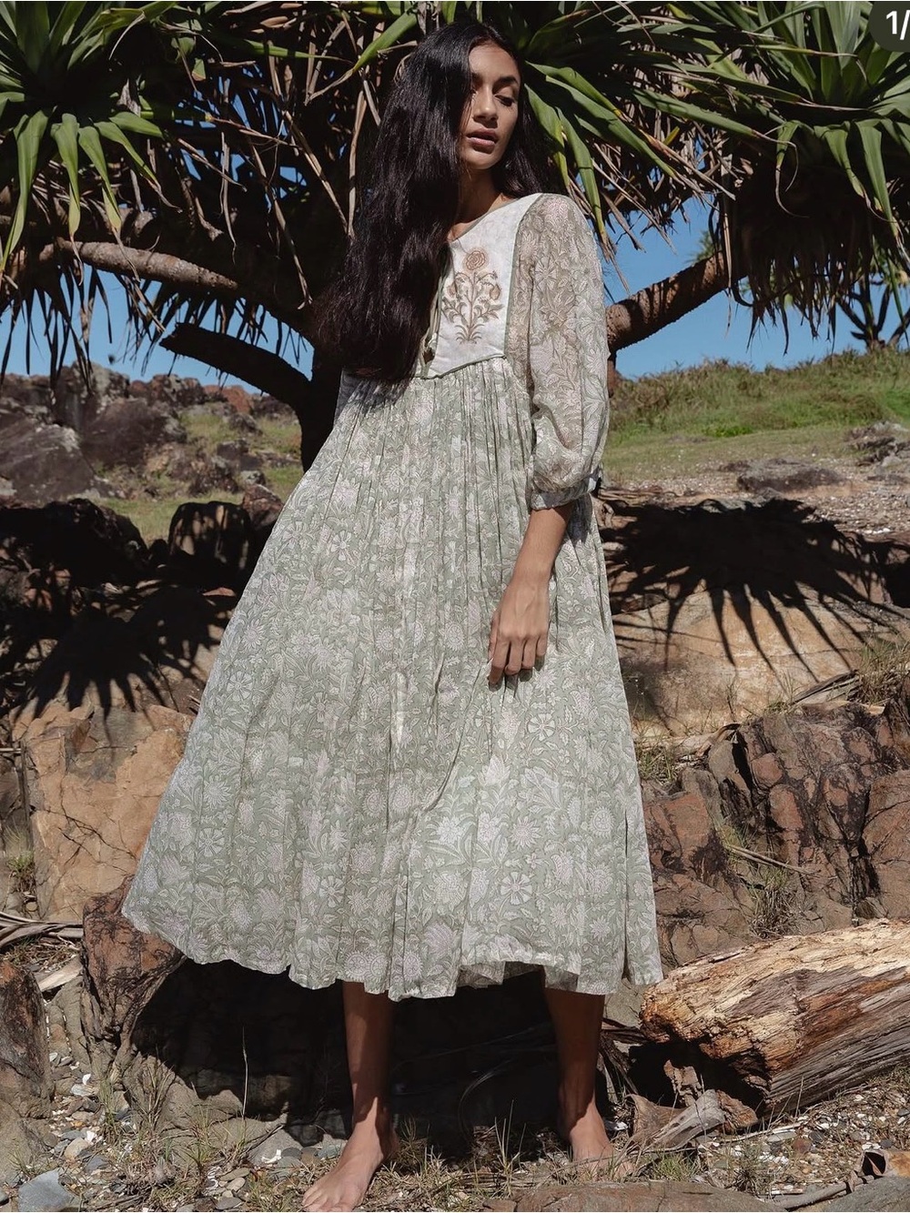Daughters of India Diya Dress in Pistachio Dress with Embroidered Yoke